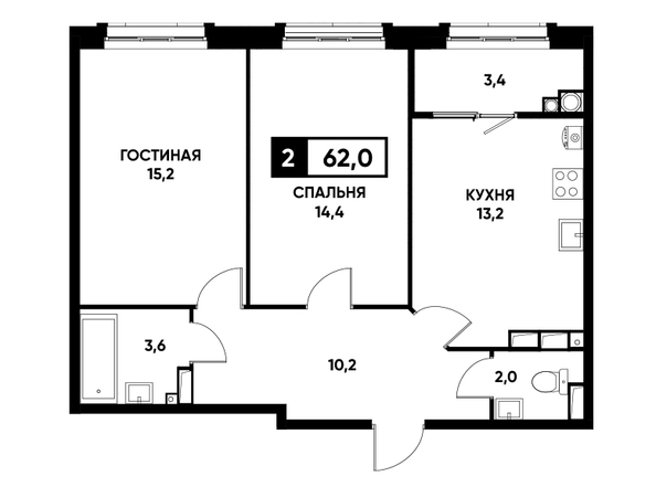 Планировка 2-комн 62 м²