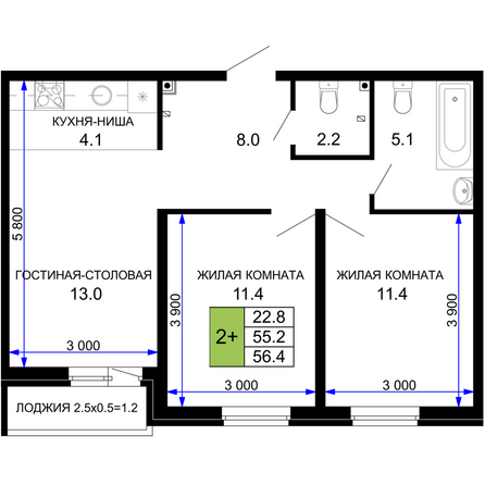 Планировка 2-комн 56,4 м²