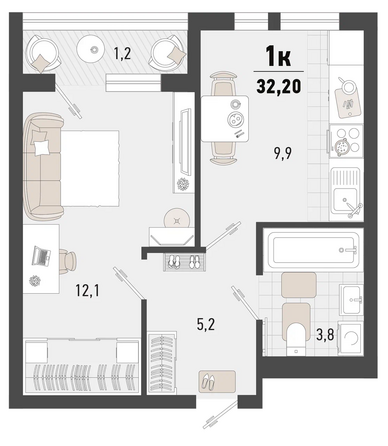 Планировка 1-комн 32,2 м²