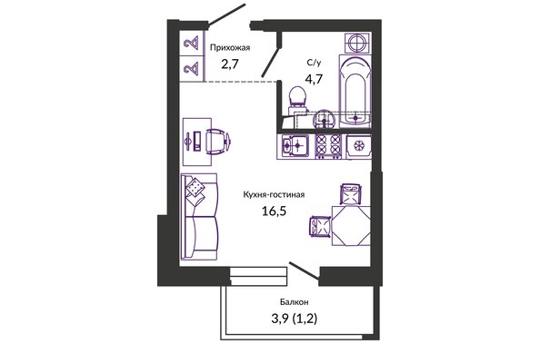 Планировка 1-комн 25,1 м²