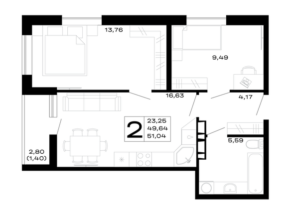 Планировка 2-комн 51,04 м²