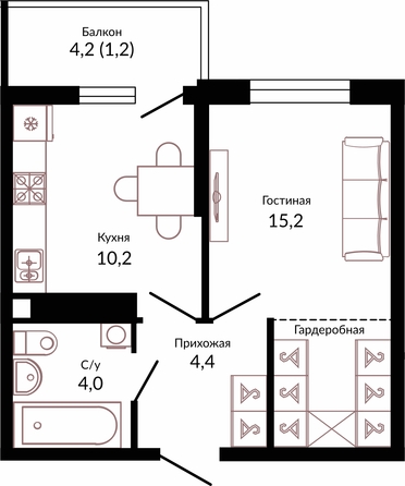 Планировка 1-комн 35 м²