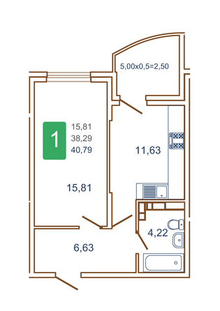 Планировка 1-комн 40,79, 40,8 м²