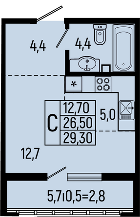 Планировка Студия 28,9, 29,3 м²