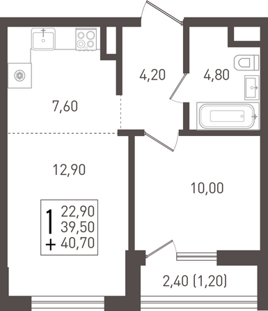 Планировка 1-комн 40,7 м²