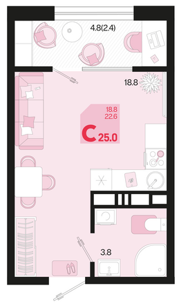 Планировка 1-комн 25, 25,5 м²