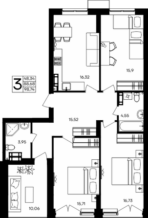 Планировка 3-комн 98,74 м²