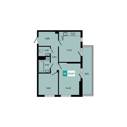 Планировка 2-комн 56,6 м²