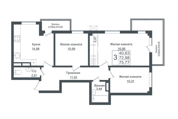 Планировка 3-комн 75,77 м²