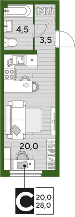 Планировка Студия 28 м²