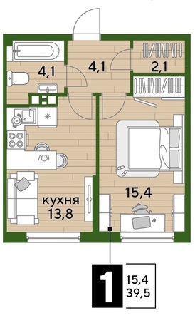 Планировка 1-комн 39,5 м²