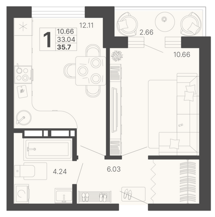 Планировка 1-комн 34,37 м²