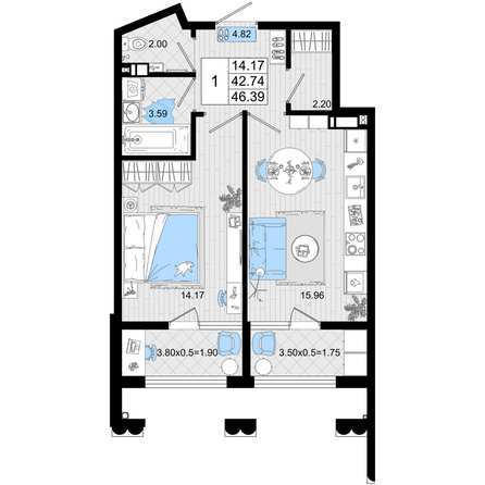 Планировка 1-комн 46,39 м²