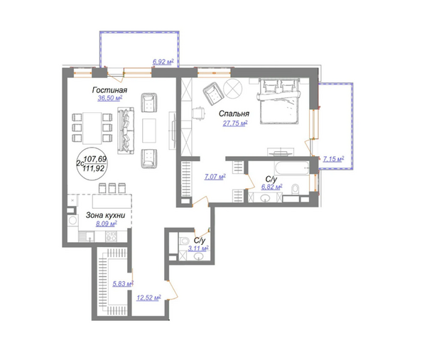 Планировка 2-комн 111,92 м²