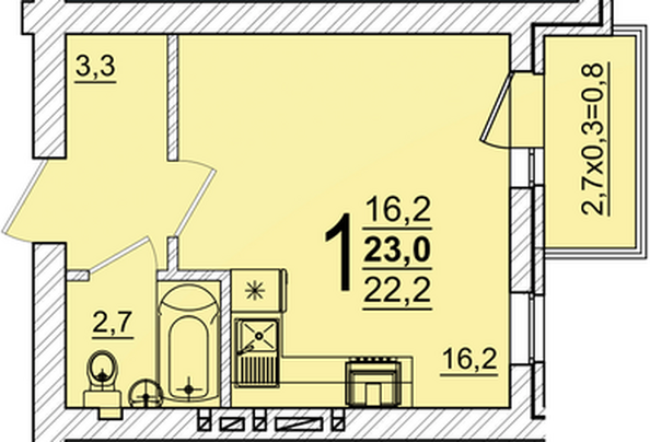 Планировка 1-комн 23 м²
