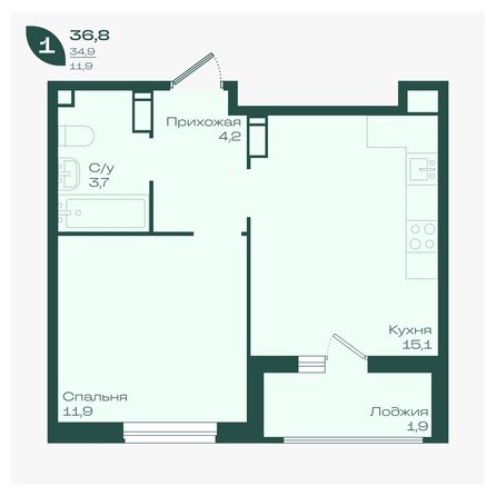 Планировка 1-комн 36,8 - 37,5 м²