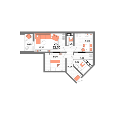 Планировка 2-комн 49,1 м²