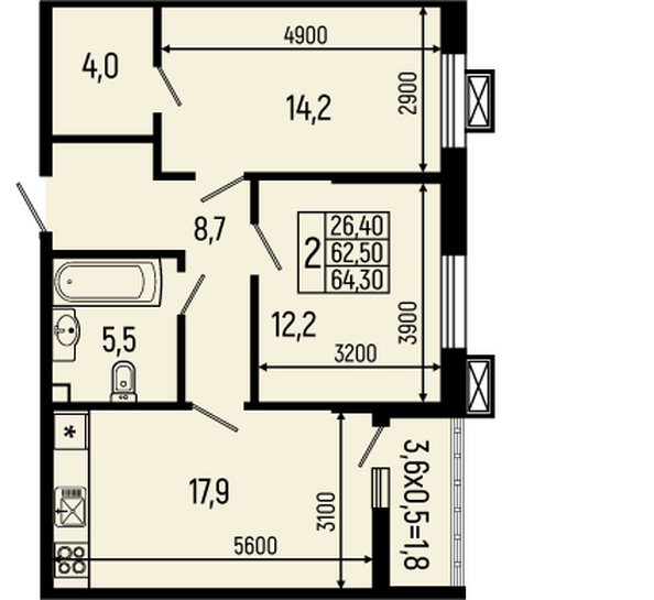 Планировка 2-комн 63,8, 64,3 м²