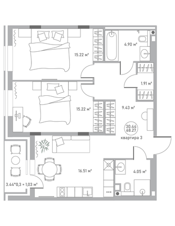 Планировка 2-комн 68,27 м²