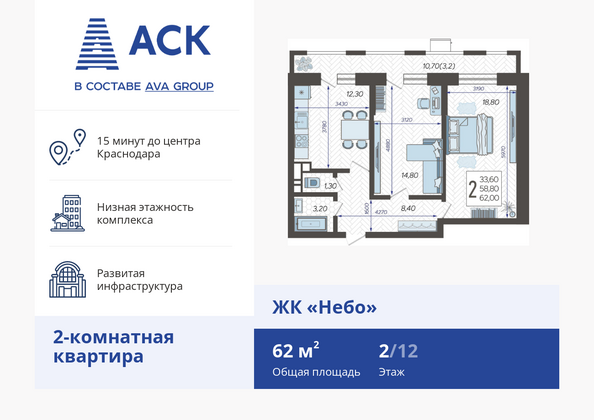 Планировка 2-комн 62 м²