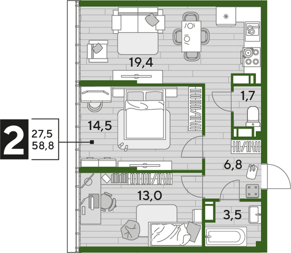 Планировка 2-комн 58,8 м²