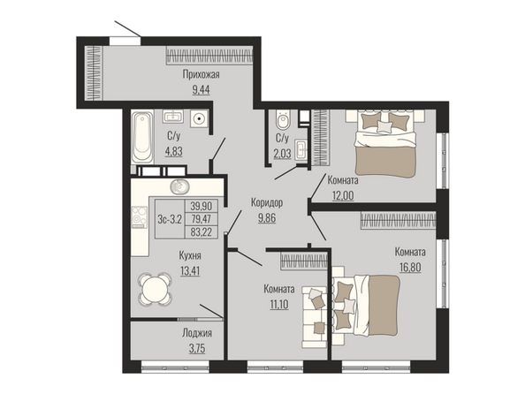 Планировка 3-комн 83,22 м²