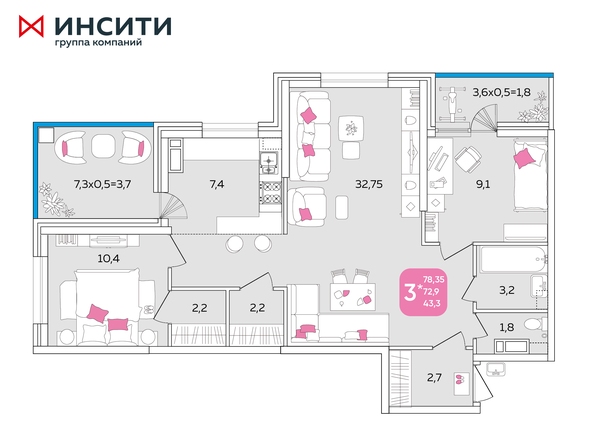 Планировка 3-комн 78,35 м²