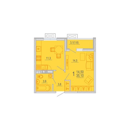 Планировка 1-комн 35,05 м²