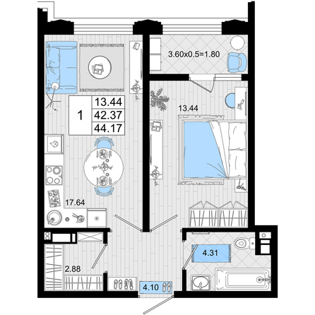 Планировка 1-комн 44,17 м²