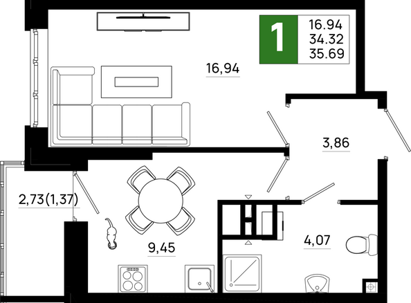 Планировка 1-комн 35,69 м²