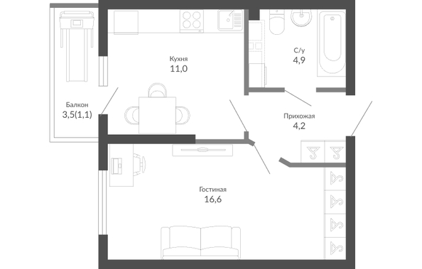 Планировка 1-комн 37,8 м²