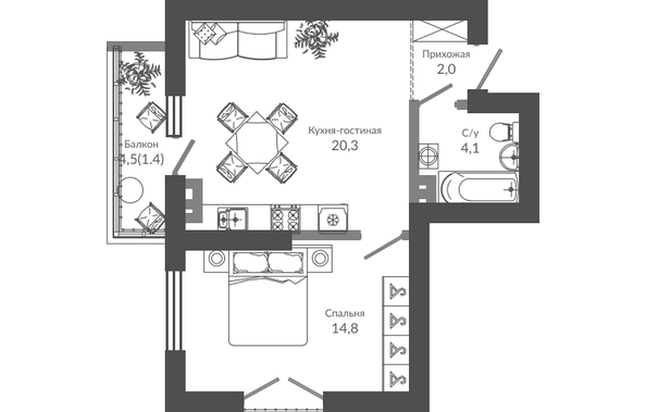 Планировка 1-комн 42,6 м²