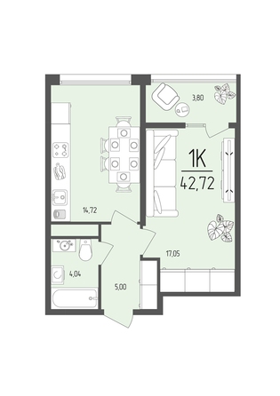 Планировка 1-комн 42,72 м²