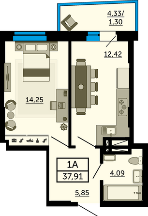 Планировка 1-комн 37,53 - 37,63 м²