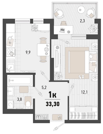 Планировка 1-комн 33,3 м²