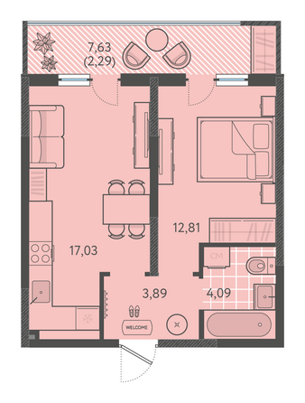 Планировка 1-комн 39,64 - 40,14 м²