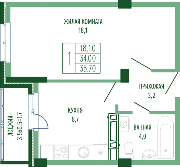 Планировка 1-комн 35,7 м²