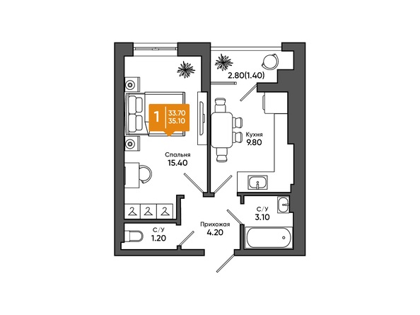 Планировка 1-комн 35,1 м²