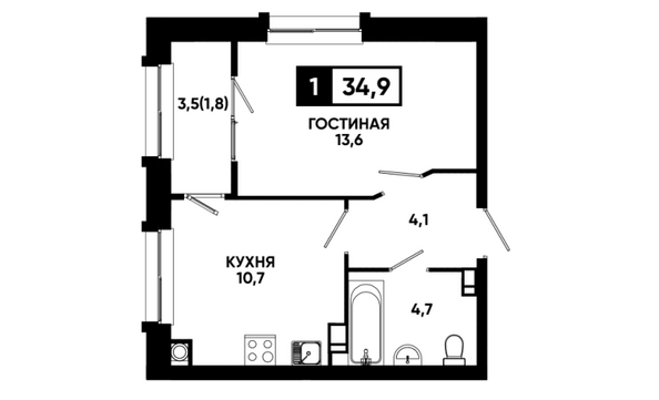 Планировка 1-комн 34,9 м²