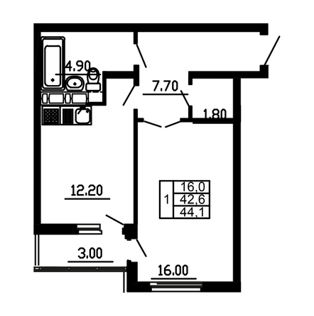 Планировка 1-комн 44,1 м²