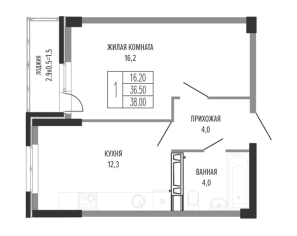 Планировка 1-комн 38 м²