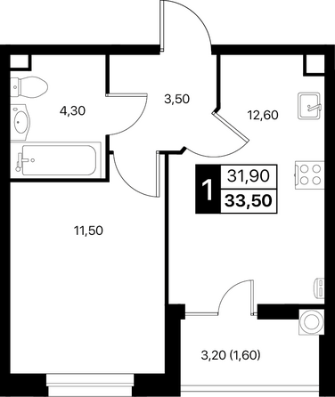 Планировка 1-комн 33,5 м²