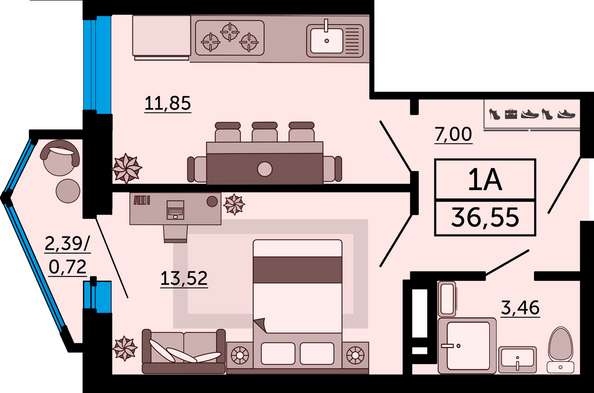 Планировка 1-комн 36,55 м²