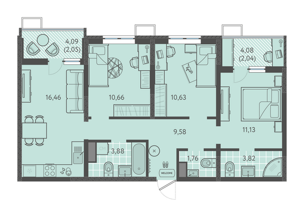 Планировка 3-комн 72,01 м²