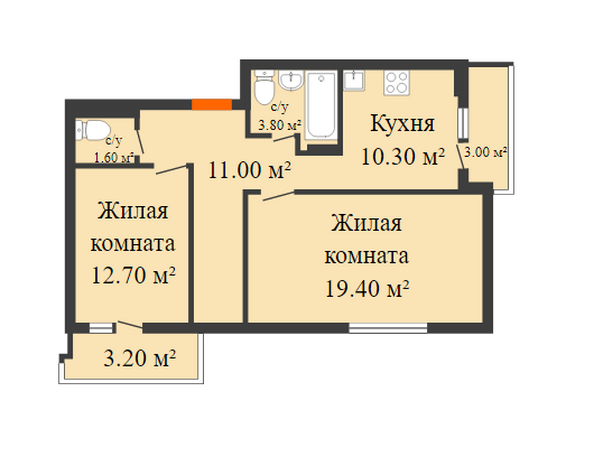 Планировка 2-комн 61,7, 61,9 м²