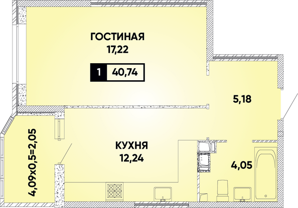 Планировка 1-комн 40,74 м²