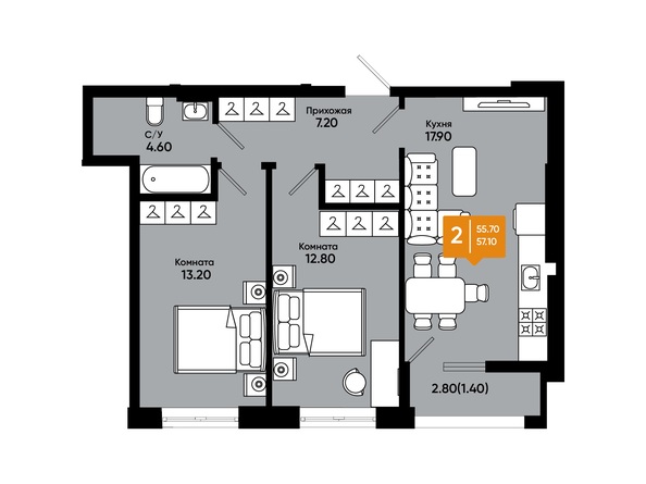 Планировка 2-комн 57,1 м²