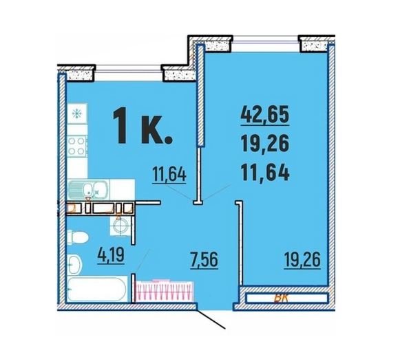 Планировка 1-комн 42,65 м²