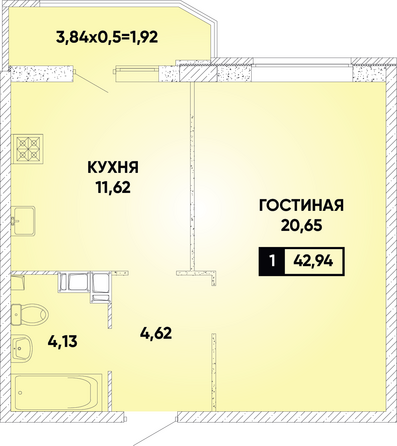 Планировка 1-комн 42,94 м²