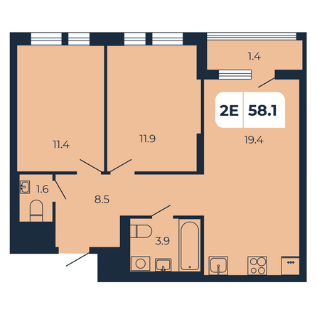 Планировка 2-комн 58,1 м²
